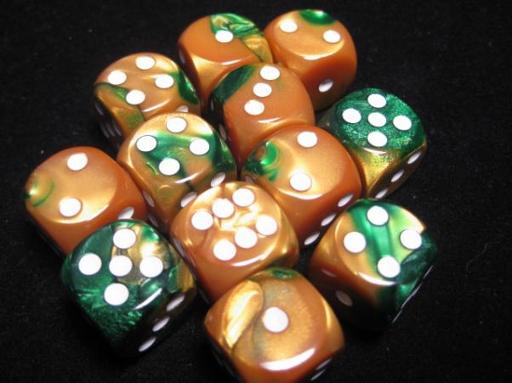 Dice Sets Gold-Green/White Gemini 16mm d6 (12)