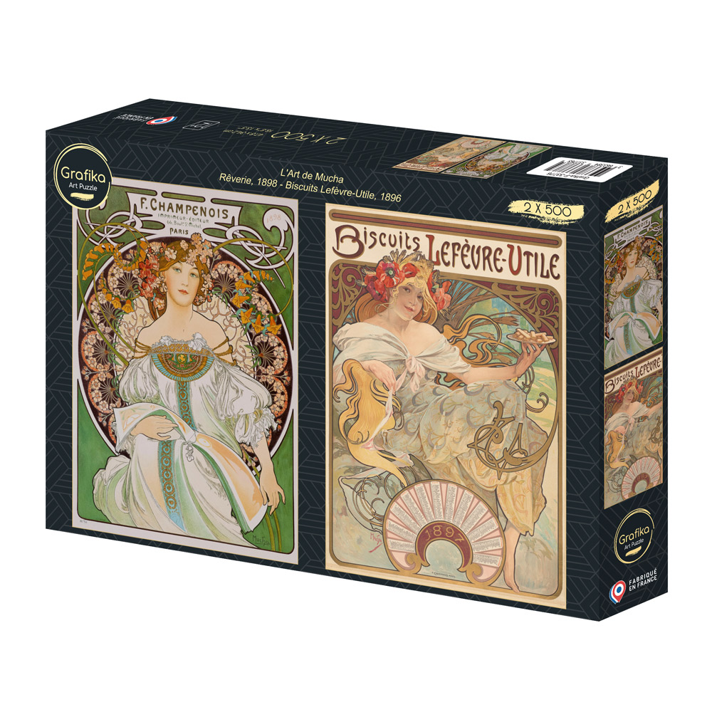 2 Puzzles - L'Art de Mucha : Rêverie, 1898 - Biscuits Lefèvre-Utile, 1896 (500pc)